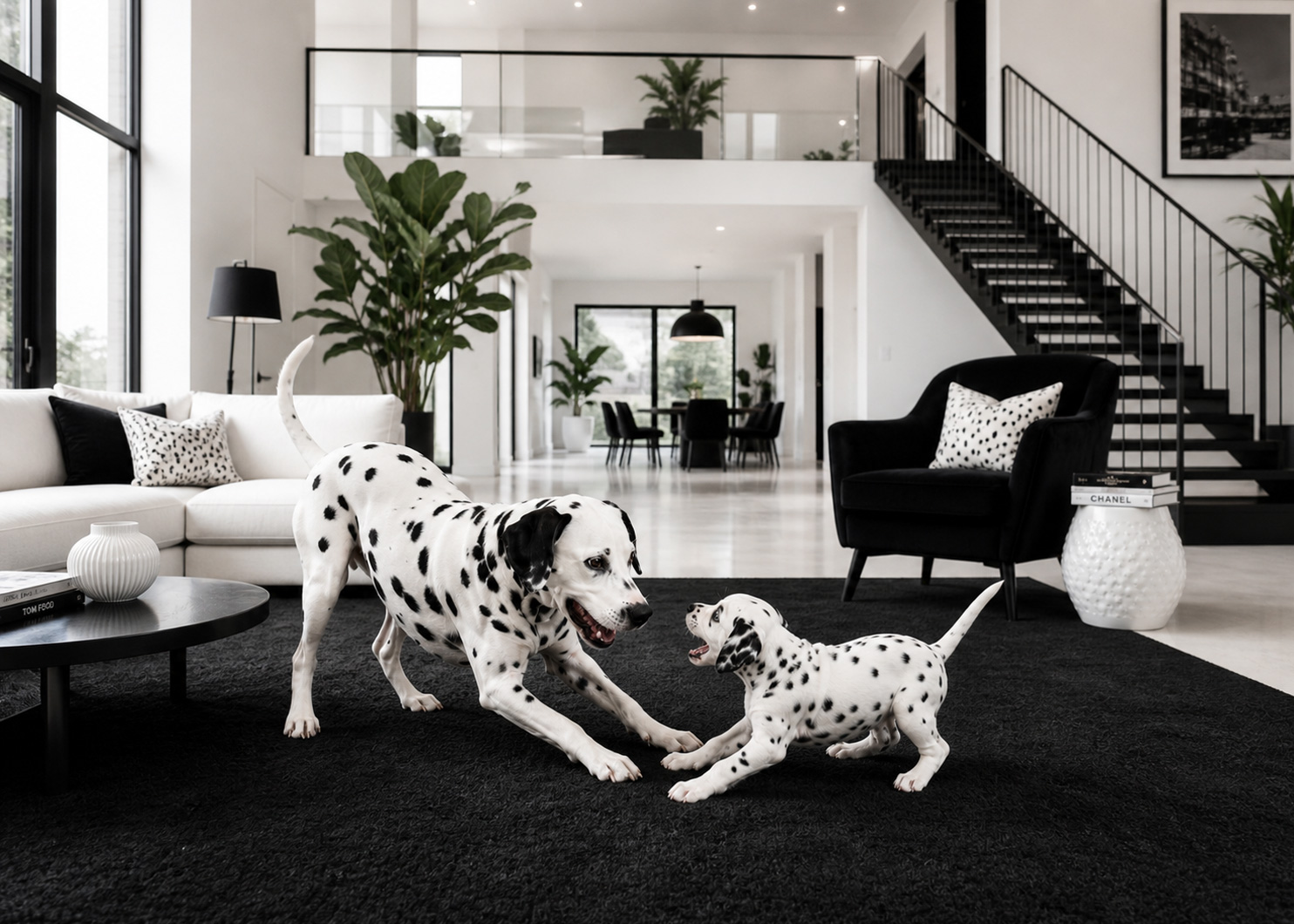 Dalmatians playing inside a house